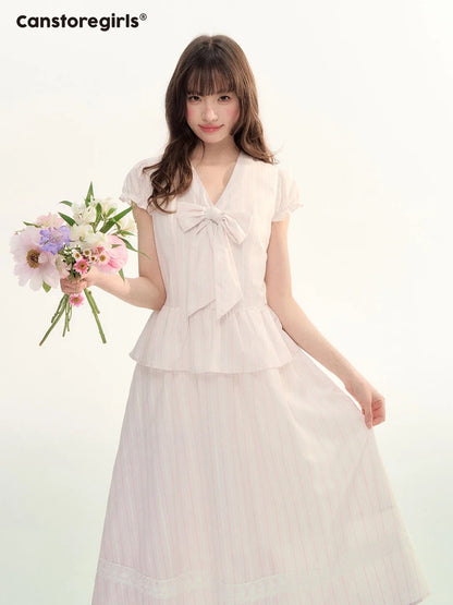 Pink Stripe Bow Detail Midi Dress LL2026080