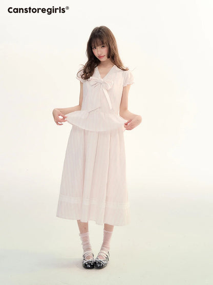 Pink Stripe Bow Detail Midi Dress LL2026080