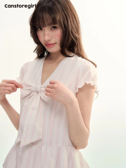 Pink Stripe Bow Detail Midi Dress LL2026080
