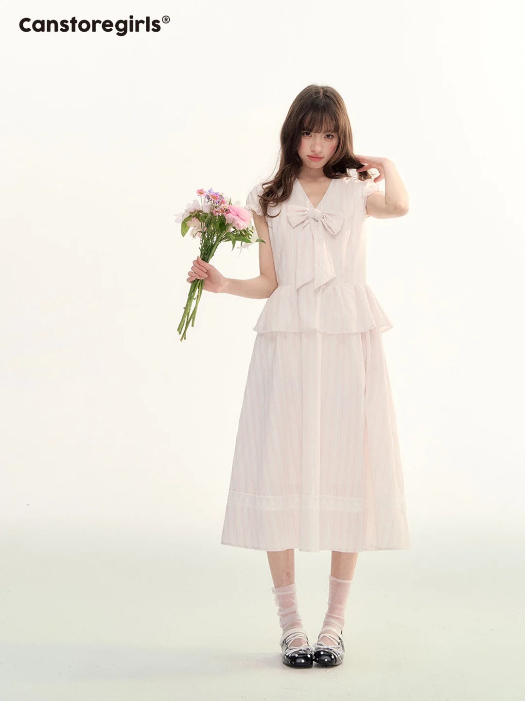 Pink Stripe Bow Detail Midi Dress LL2026080