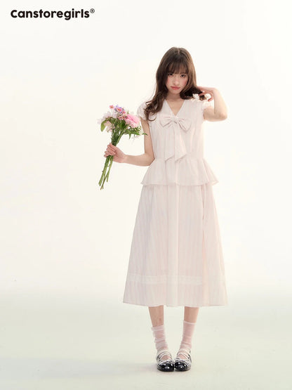 Pink Stripe Bow Detail Midi Dress LL2026080