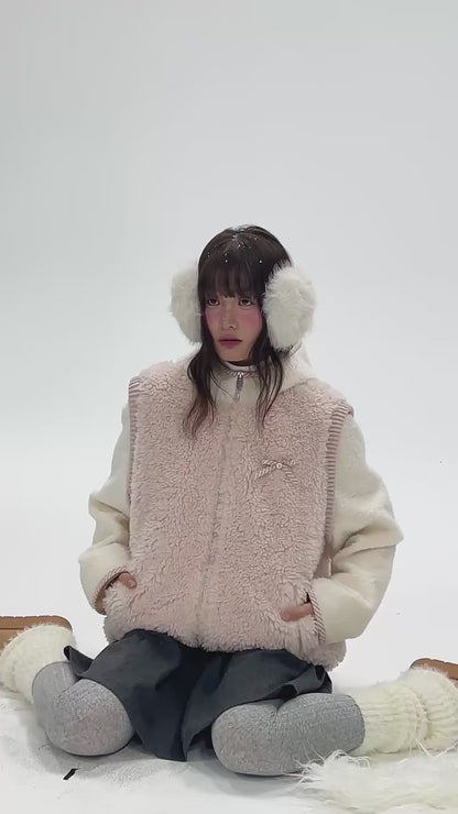 CREAMO2 - Pink & White Faux-Layered Teddy Padded Jacket