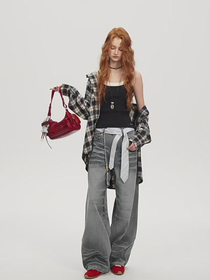 ASGONY - Retro Plaid Contrast Hoodie Shirt