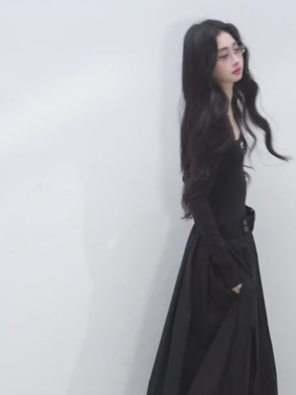 少也眼 "K-Show Muse" Elegant French Hepburn Long-Sleeve Dress - Black 47867864