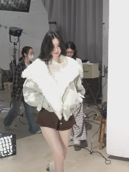 少也眼 "Velveted Winter" Cozy Shearling Fleece Jacket - Light Gray