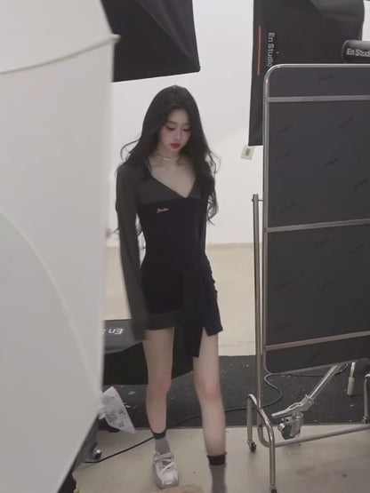 少也眼 “Campus Rebel" Checkered Bodycon Mini Dress - Navy Blue 514354