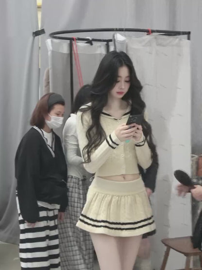 "晚风的低语" French Knit Co-ord Set – Beige Top & Mini Skirt