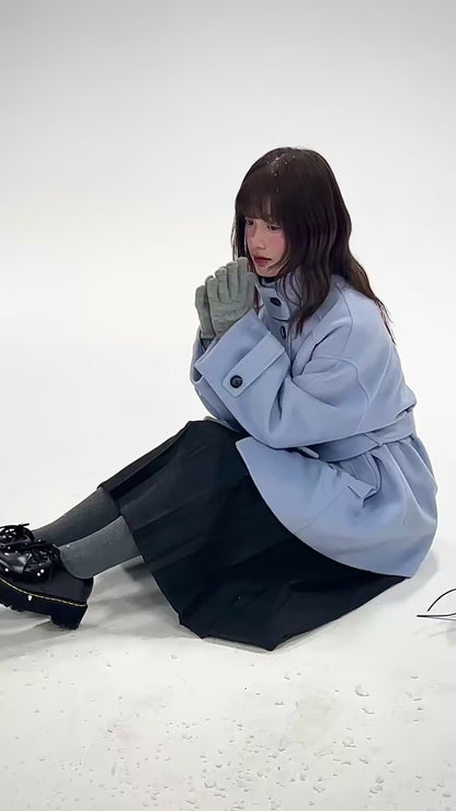 CREAMO2 - Soft Mist Blue Vintage Academy Wool-Blend Midi Coat