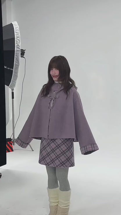 CREAMO2 - Soft Mauve Reversible Plaid Wool Cape Coat Set