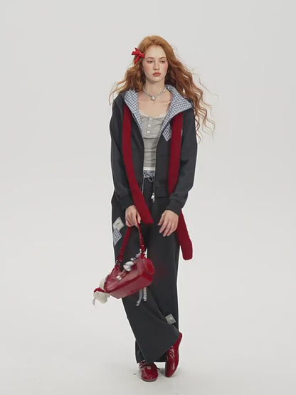 ASGONY - Preppy Patchwork Hoodie & Straight-Leg Sweatpants Set