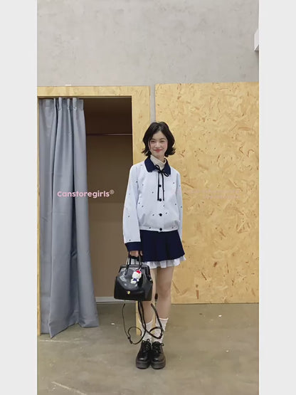罐头士多所 - Blue Embroidered Butterfly Two-Piece Set – Preppy Contrast Collar Jacket & Skirt