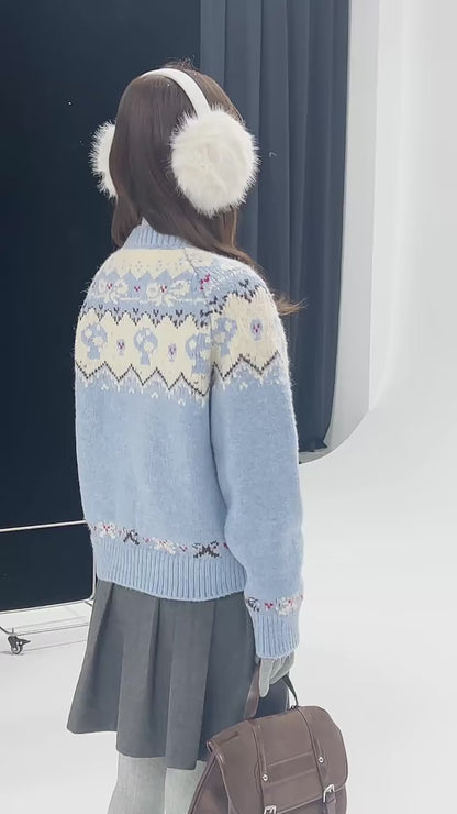 CREAMO2 - Soft Blue Fair Isle Raglan Knit Sweater