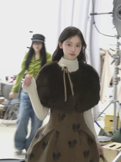 少也眼 “Whispers of Moss” Sparkle-Lined Gown with Faux-Fur Cape - Coffee/Deep Cocoa 6412124145