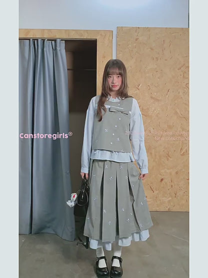 罐头士多所 - "Blue Whisper" Bow-Tie Vest Top & Pleated Skirt Set