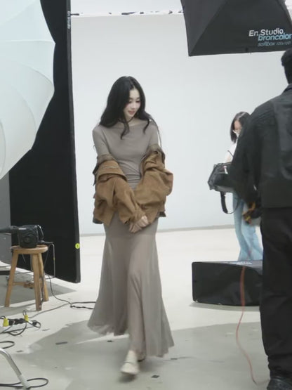 少也眼 "The Silent Heiress" Ash Camel Slim-Fit Evening Maxi Dress 76867845