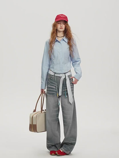 ASGONY - Preppy Embroidered Cropped Shirt (White)