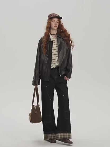 ASGONY - Retro Puppy Embossed Faux Leather Jacket