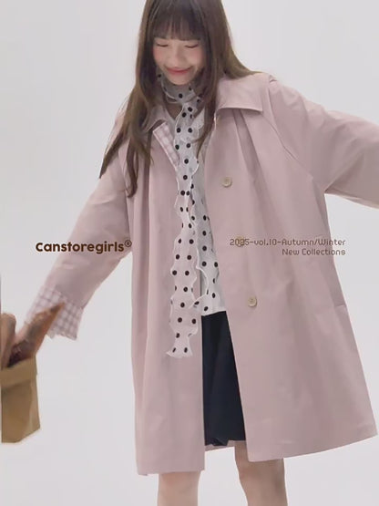 罐头士多所 - Peach Cream Plaid Trench Coat