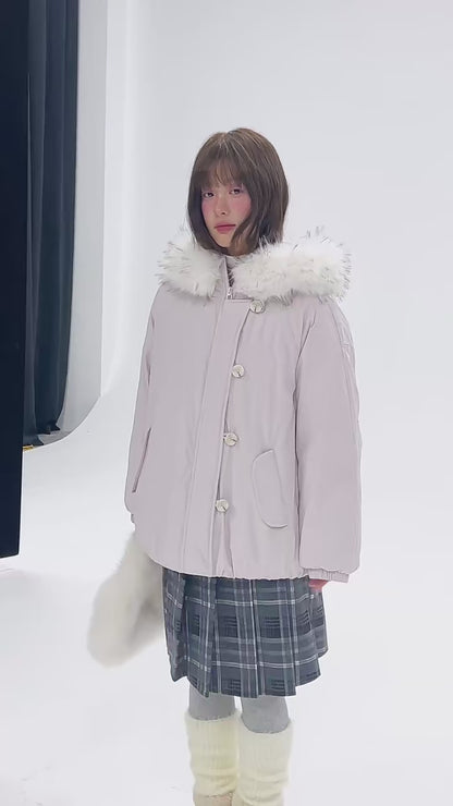 CREAMO2 - Soft Pink-Purple Detachable Fur Hooded Down Jacket