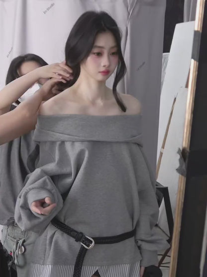 少也眼 ""Yale-Inspired Girl" Faux-Layered Oversized Hoodie with Belt 4536486