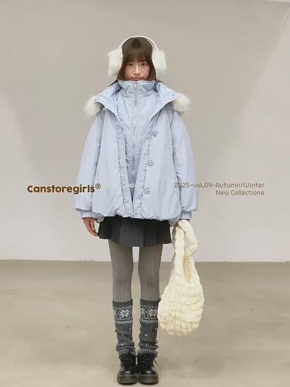 "雪境叠影" Faux Two-Piece Blue Down Jacket with 90% Duck Down & Fur Hood