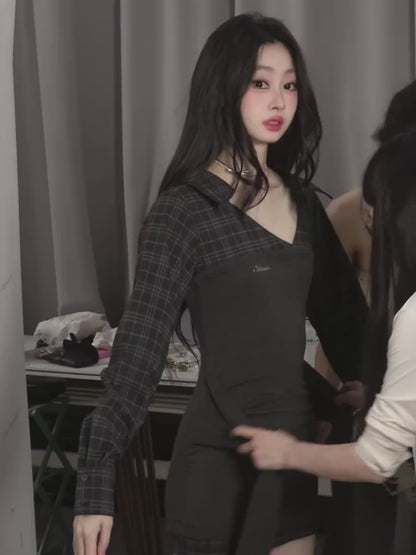 少也眼 “Campus Rebel" Checkered Bodycon Mini Dress - Gray 514354
