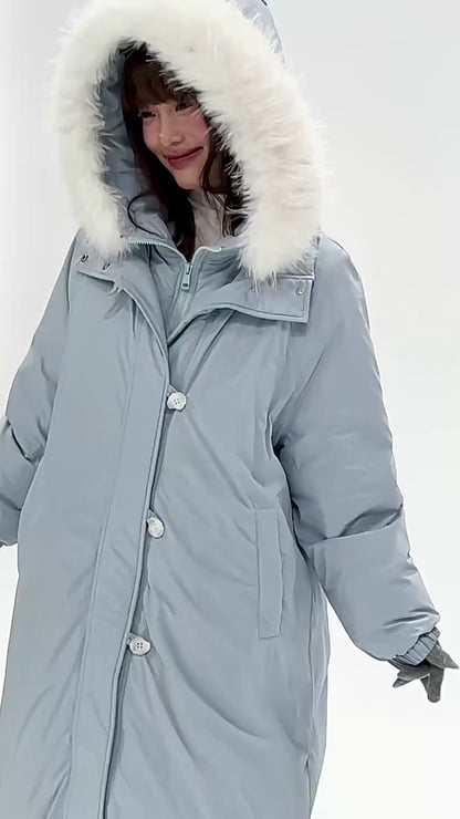 CREAMO2 - Milk Mist Blue Faux-Layered Mid-Length Down Puffer Coat