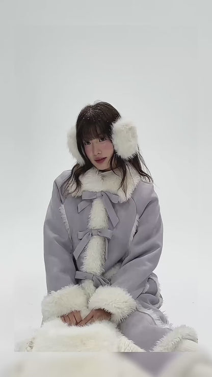 CREAMO2 - Taro Gray-Purple Bow-Tie Faux Suede & Teddy Midi Coat