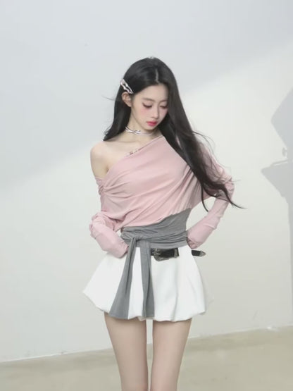 少也眼 "Soft & Sweet" Korean Asymmetric Off-Shoulder Cropped Spicy Girl Tee