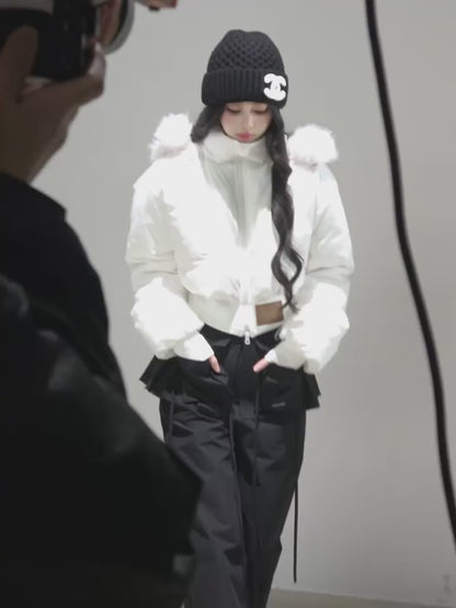 少也眼 Korean Preppy Short Puffer Jacket - White
