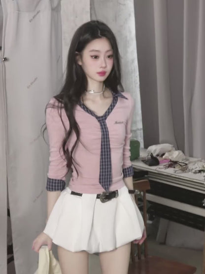 少也眼 "Han Gao Rolecard" Dual-Layer Illusion V-Neck Plaid Waist-Slimming Tee - Navy Blue