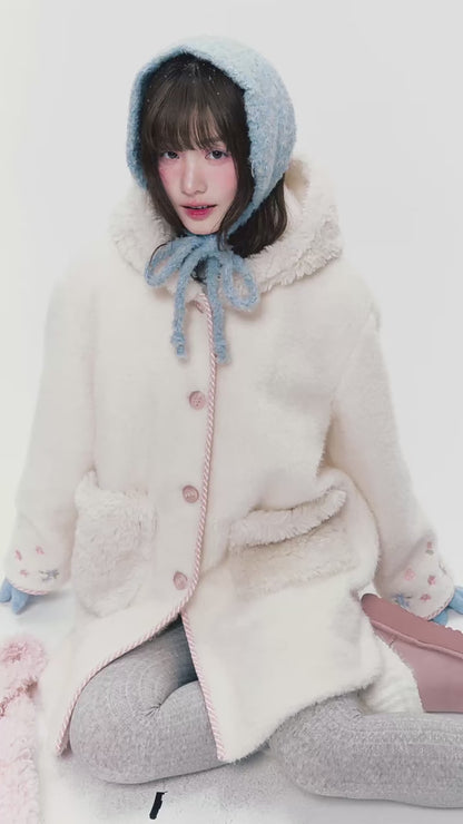 CREAMO2 - Soft Ivory Embroidered Teddy Wool-Style Midi Coat