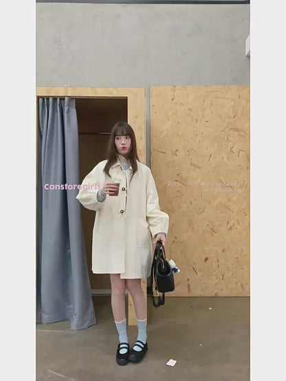 罐头士多所 - Minimal Beige Bow Detail Trench Coat – Puff Sleeve Fall Outerwear