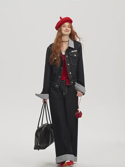 ASGONY - Patchwork Denim Jacket & Wide-Leg Jeans Set
