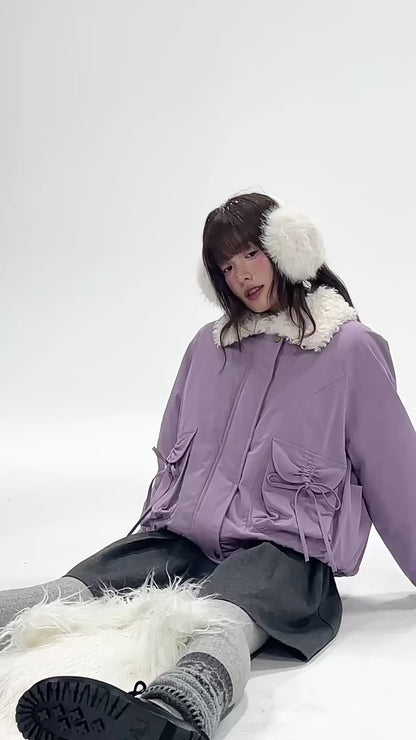 CREAMO2 - Taro Gray-Purple Detachable Shearling-Collar Retro Padded Jacket