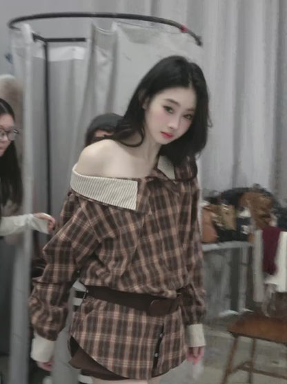 少也眼 “The Street She Passed” Off-Shoulder Plaid Shirt with Belt - Mocha Brown 45368364