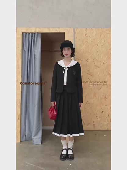 罐头士多所 - "Autumn Scholar" Embroidered Waist-Cinching Collar Coat & Black Skirt Set