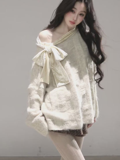 少也眼 "She Walks Through Morning" Bow-Knit Off-Shoulder Sweater - Almond Beige 58634584