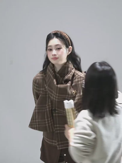 少也眼 “Twilight Forest" Woolen Oversized Coat - Plaid Brown
