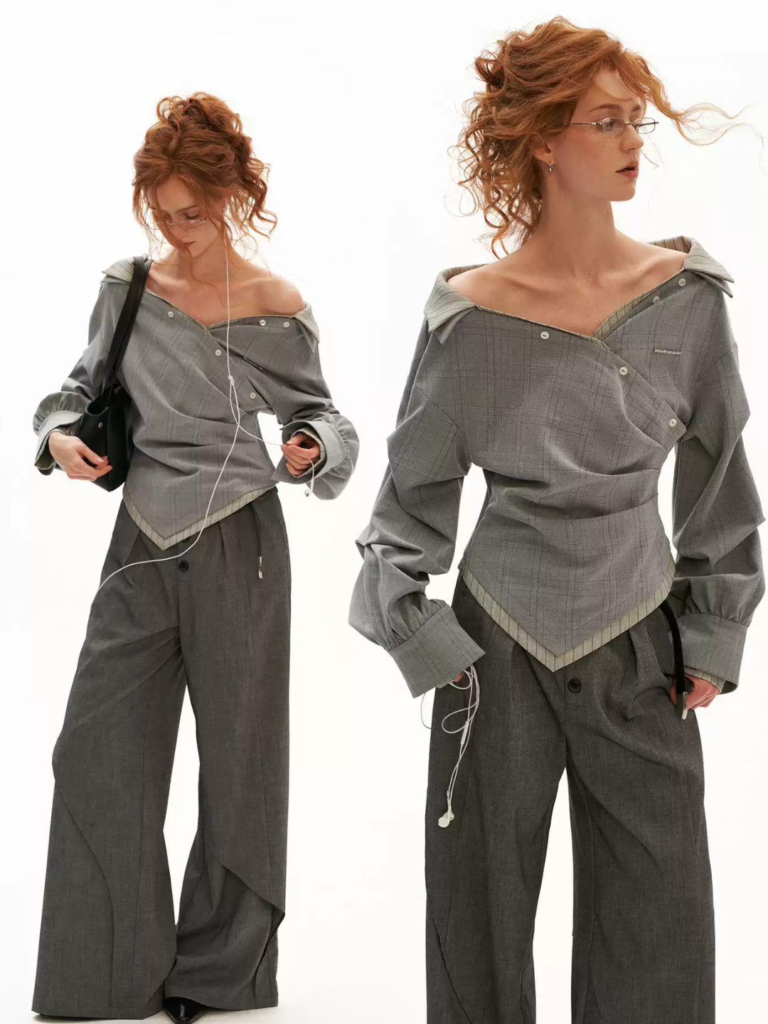 MAMC - Gray Textured Plaid Off-Shoulder Wrap Shirt