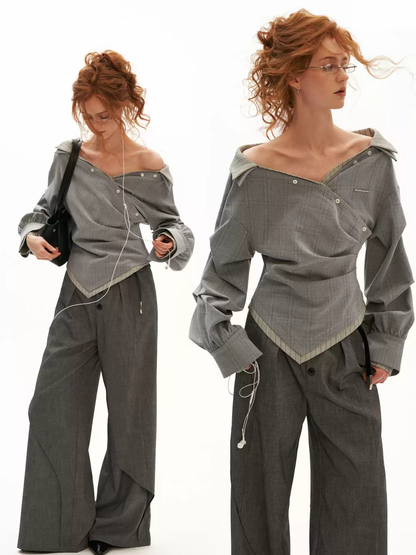 MAMC - Gray Textured Plaid Off-Shoulder Wrap Shirt