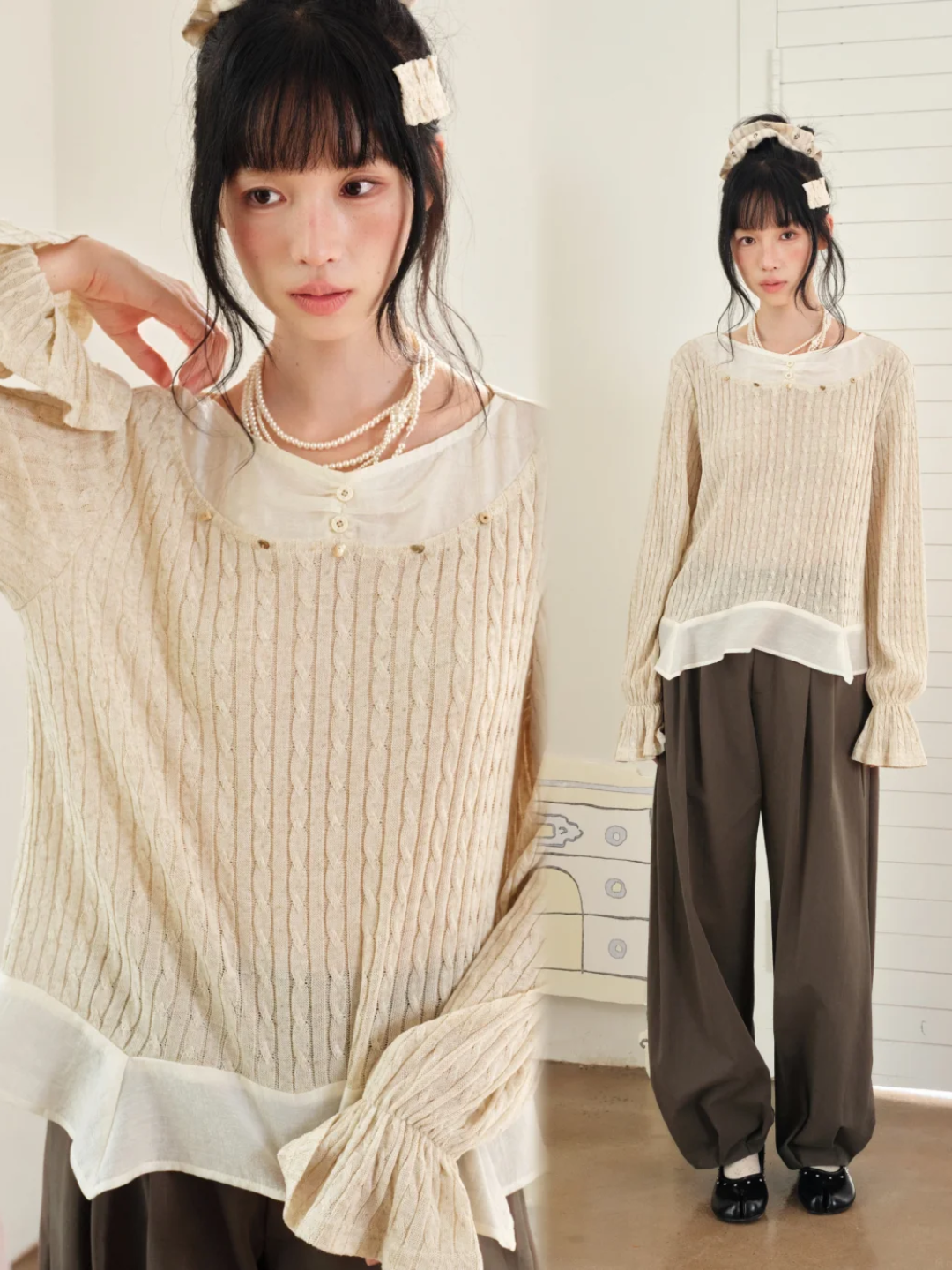 DAILY ARTIST - Almond Beige Lace-Trim Textured Knit Top