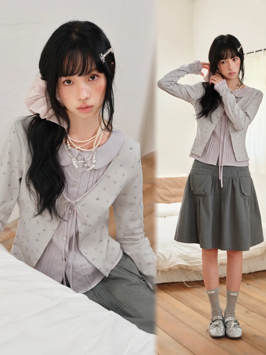 DAILY ARTIST - Purple Floral Faux-Layered Doll-Collar Knit Cardigan
