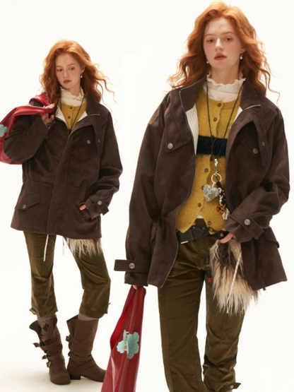 MAMC - Brown Faux Suede Utility Jacket with Adjustable Drawstring Waist