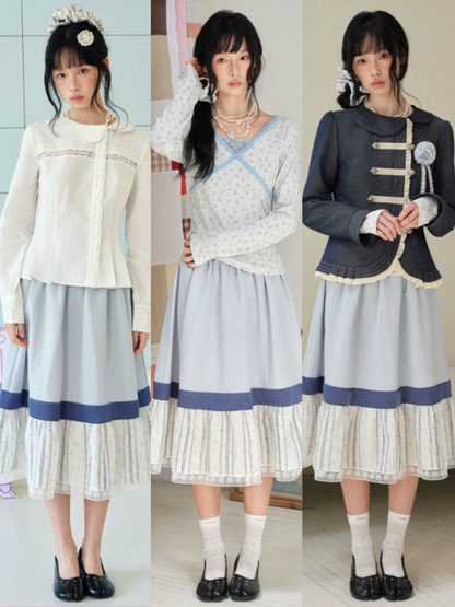 DAILY ARTIST - Light Blue Color-Block Floral Lace-Trim A-Line Skirt