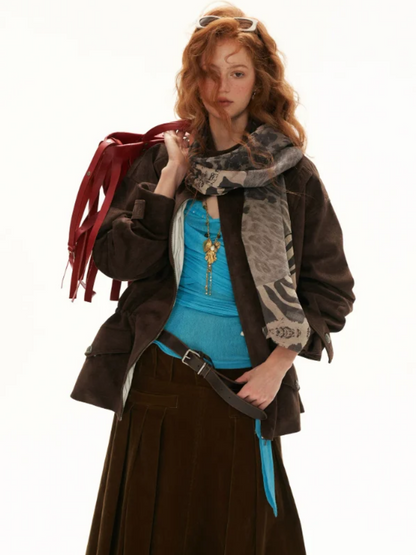 MAMC - Brown Faux Suede Utility Jacket with Adjustable Drawstring Waist