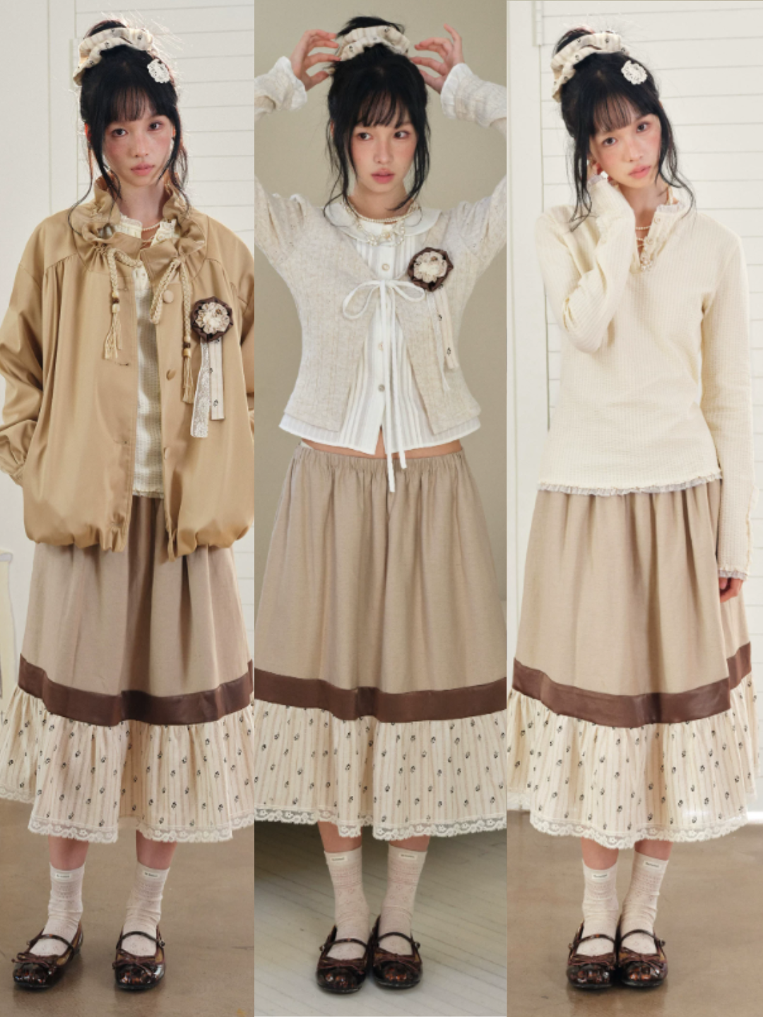 DAILY ARTIST - Tea Brown Color-Block Floral Lace-Trim A-Line Skirt