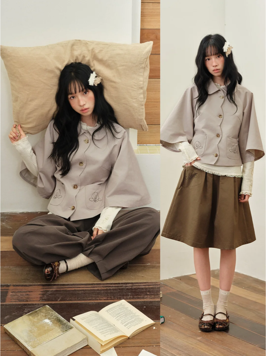 DAILY ARTIST - Taupe Brown Rose Embroidered Cape-Sleeve Jacket