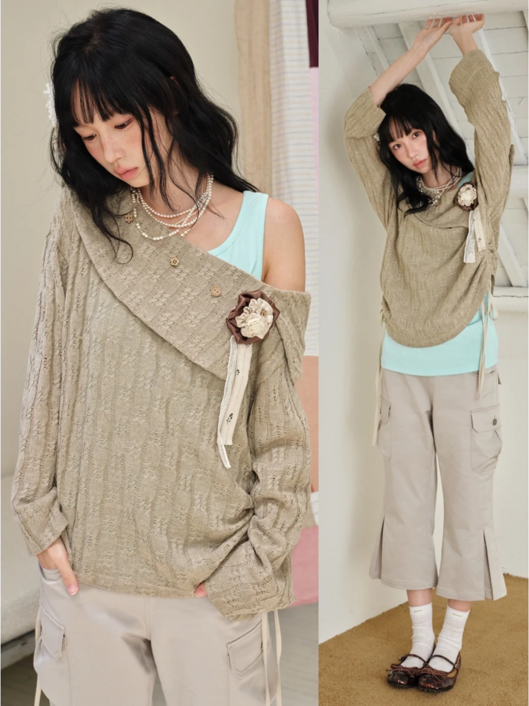 DAILY ARTIST - Brown Cable-Knit Sweater & Mint Green Tank Set