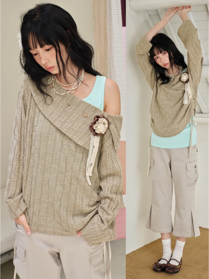 DAILY ARTIST - Brown Cable-Knit Sweater & Mint Green Tank Set